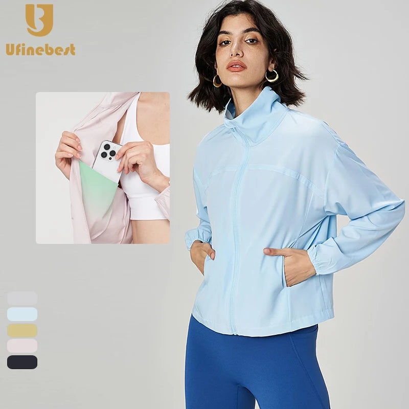 New Arrival Full Zip Yoga Jacket UPF 50+ Pocket Anti-UV Cool Fabric Loose Casual Outdoor Sports Gym Fitness Women Wear