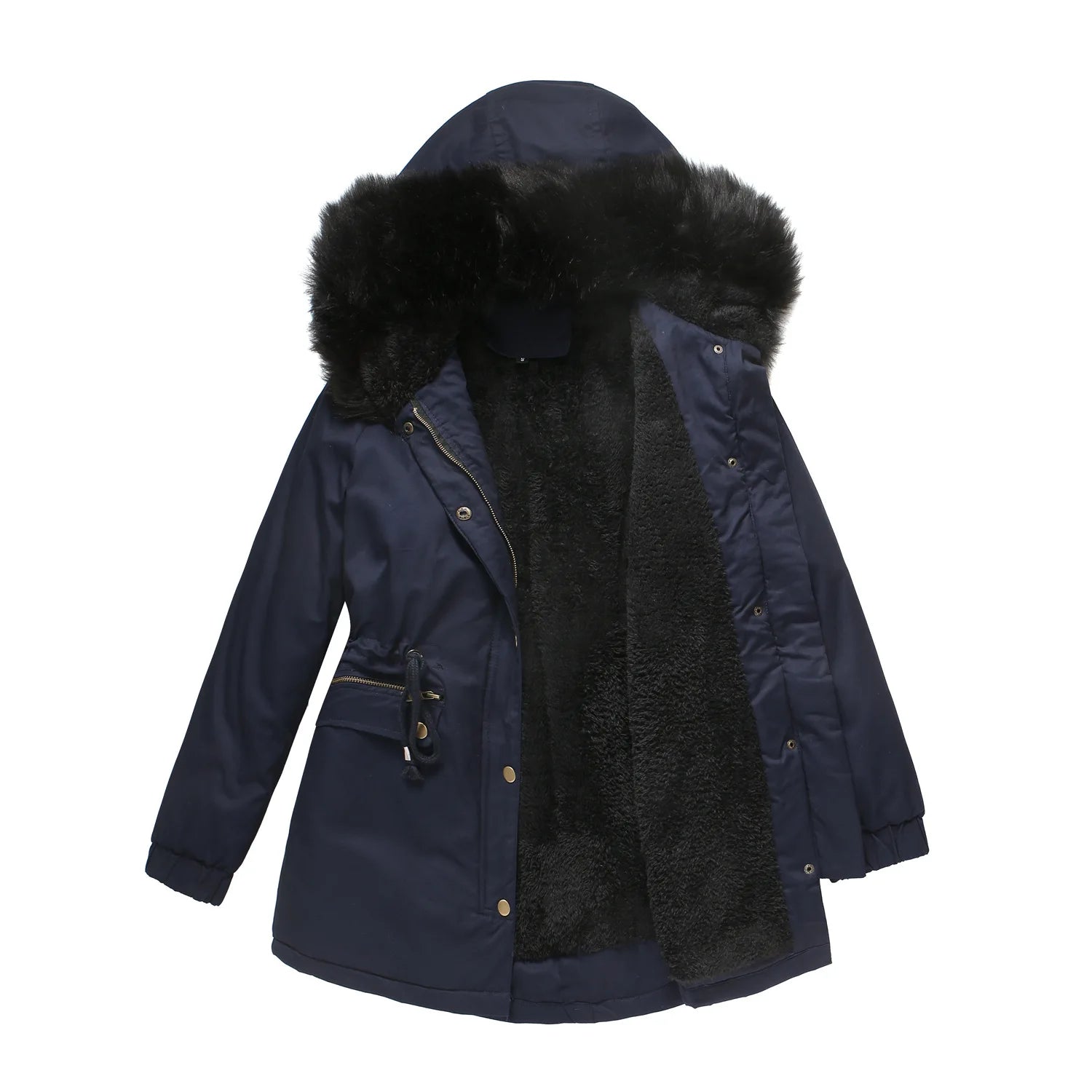 Women Fashion Winter Warm Long Coat Cotton Fur Collar Hooded Padded Jacket Women's Zipper Pockets Blazer Parkas Coat