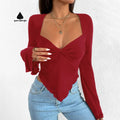 Women's Vintage Long Sleeve T-Shirt Custom Design Breathable Knitted Jersey Flared Sleeves Waist Cinching Irregular V-Neck Top