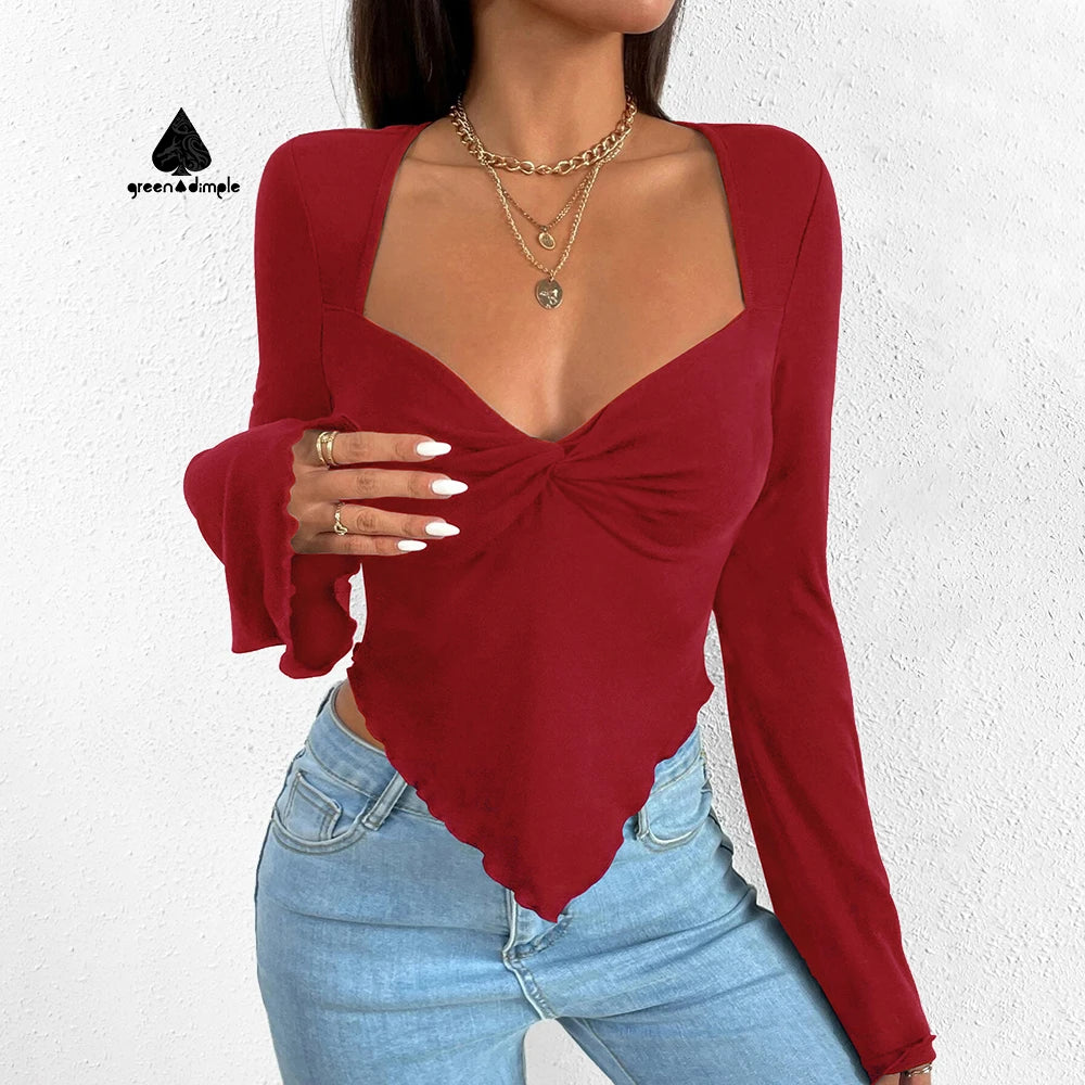 Women's Vintage Long Sleeve T-Shirt Custom Design Breathable Knitted Jersey Flared Sleeves Waist Cinching Irregular V-Neck Top