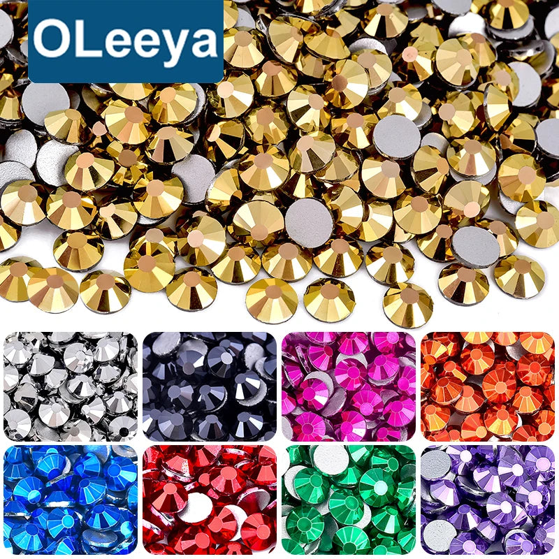 OLeeya Wholesale 12 Same Cut Mine Series Silver Gold Glass Non Hot Fix Strass Flat Back Rhinestones for Shoes Bikini Dress DIY