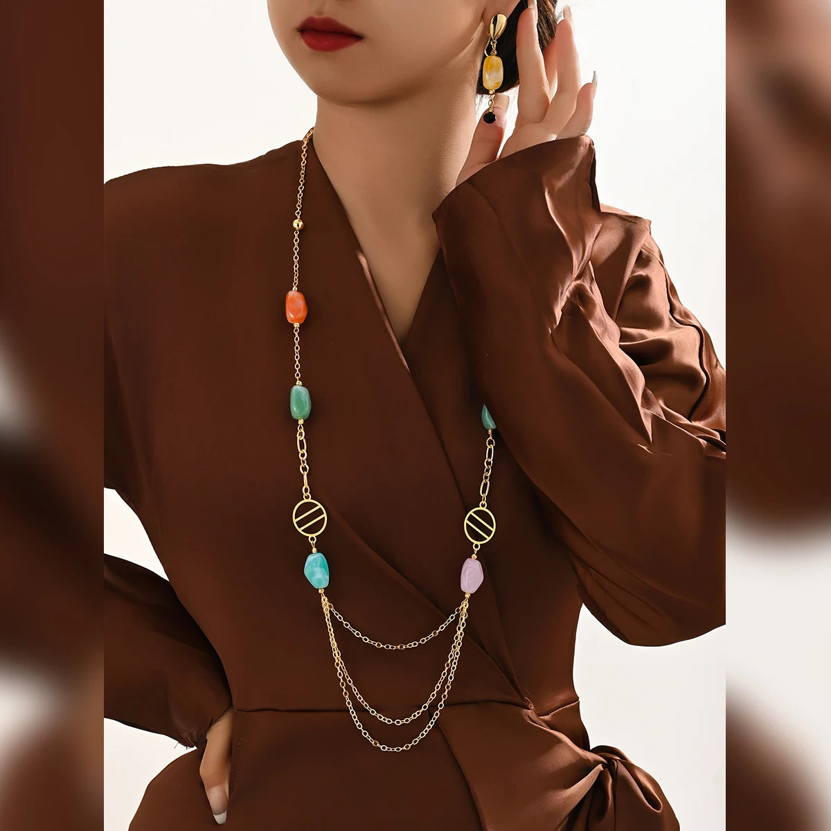 MEIZI Classic 18K Gold-Plated Ceramic Copper Body Jewelry Set Long Necklace & Earrings with Diamond Pearl Weddings Parties Gifts