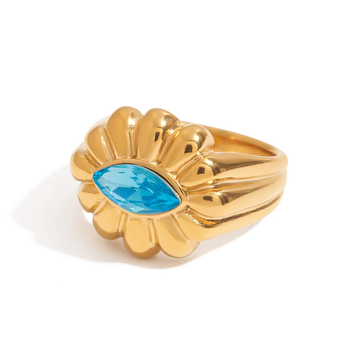J&D Stainless Steel 18K PVD Summer Size 6 7 8  Gold Plating CZ Blue Zircon Center Oval Flower Ring