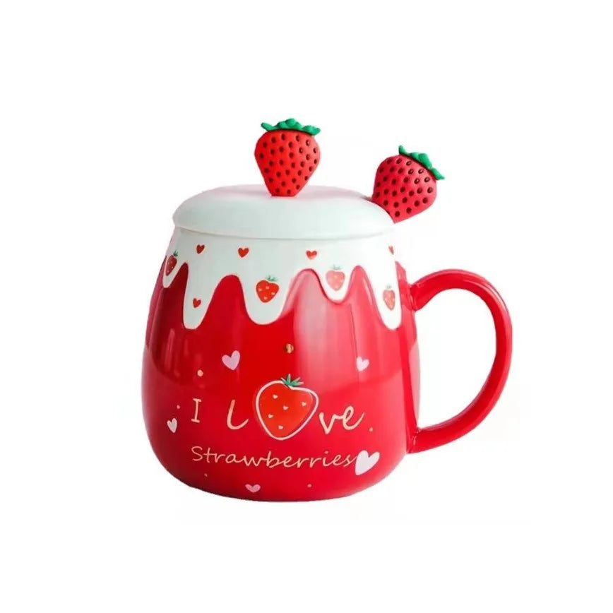 Madou Large Capacity 3D Strawberry Ceramic Cup Eco-Friendly Porcelain Breakfast Mug Lid Spoon Coffee Milk Oatmeal Cute Gift Idea