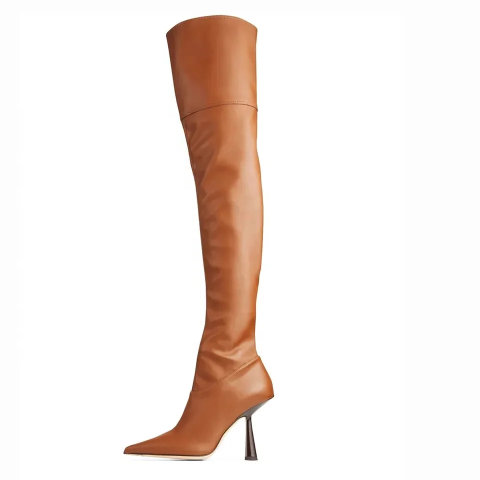 Women Pointed Toe Brown PU Leather Thigh High Boots Stiletto High Heel Over the Knee Boot
