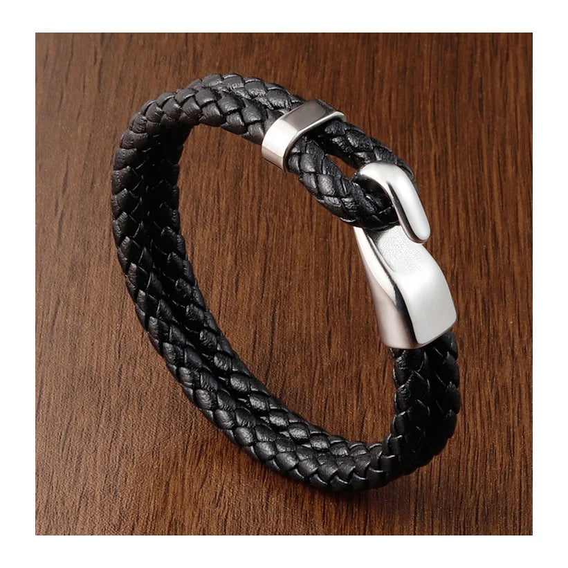 Men Black Leather Wrap Wrist Strap 19cm 21cm Simple Braided Quality Genuine Leather Hook Bracelet for Men Jewelry