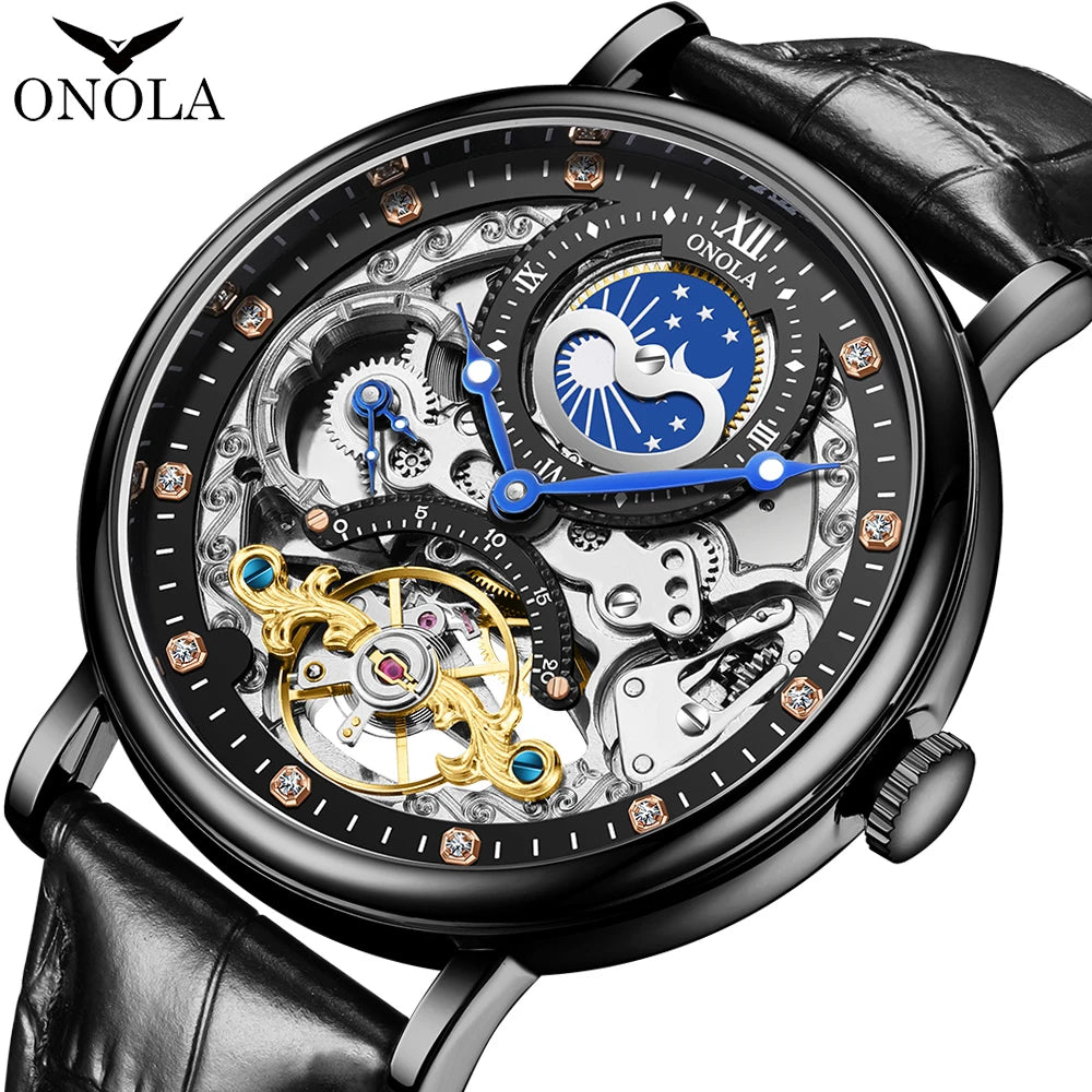 ONOLA Brand 6836   Men Automatic Mechanical Complete Calendar Casual Moon Phase Watches Fashion Luxury Leather Watches