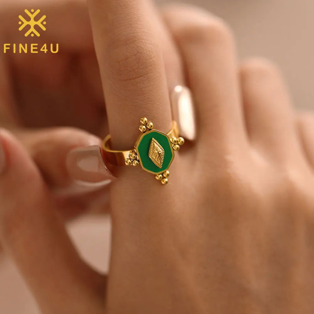 Simple Gold Plated Jewelry Quadrilateral Geometry Drip Green Stainless Steel Vintage Adjustable Boho Rings for Women