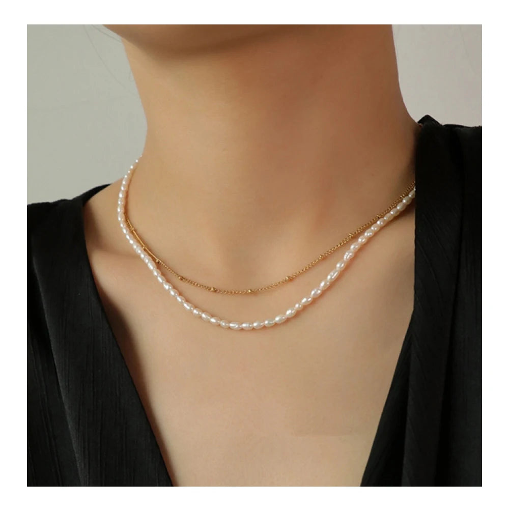 New Trendy Gold Plated Stainless Steel Double Layer Beaded Chain Freshwater Natural Pearl Choker Necklace