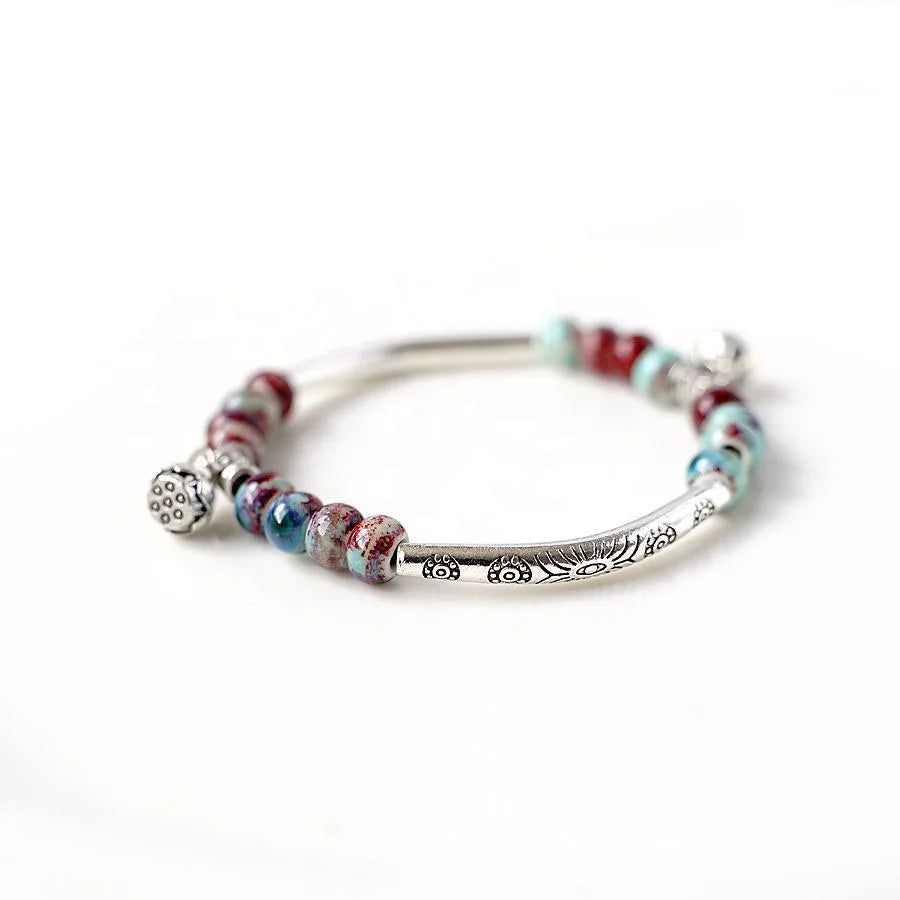Handmade Bohemia Antique Silver Plated Ceramic Beaded Friendship Bracelet for Unisex Gift Wedding & Anniversary
