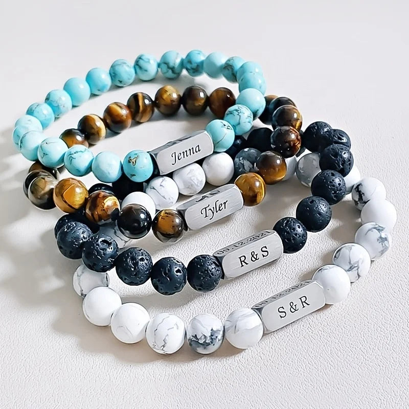 Fashion Custom Text Engrave Logo Stainless Steel Charm Natural Stone Beads Bracelet for Men Bracelet Couple Bracelet