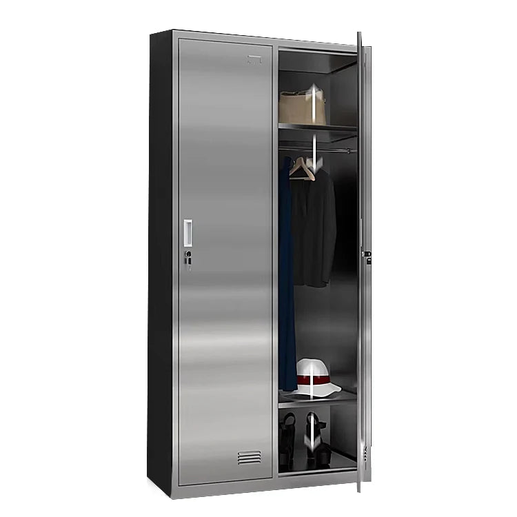 Factory Direct Sale 2 Doors Locker Storage Cabinet With Cloth Hanging and Mirror Metal Wardrobe 900mm Stainless Steel