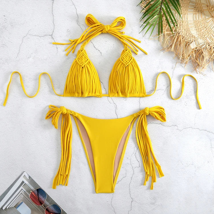 Heavy Weave Kit Simple Solid Color Sexy Swimwear Two Piece Bikini Tassel Bandage Backless Beachsuit