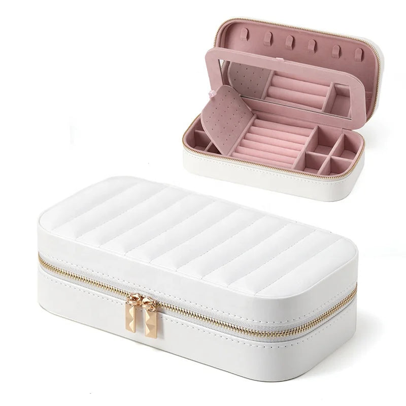 Elegant White Black PU Leather Jewelry Storage Holder Box With Mirror Two Size Portable Zipper Case for Rings Earrings Necklaces