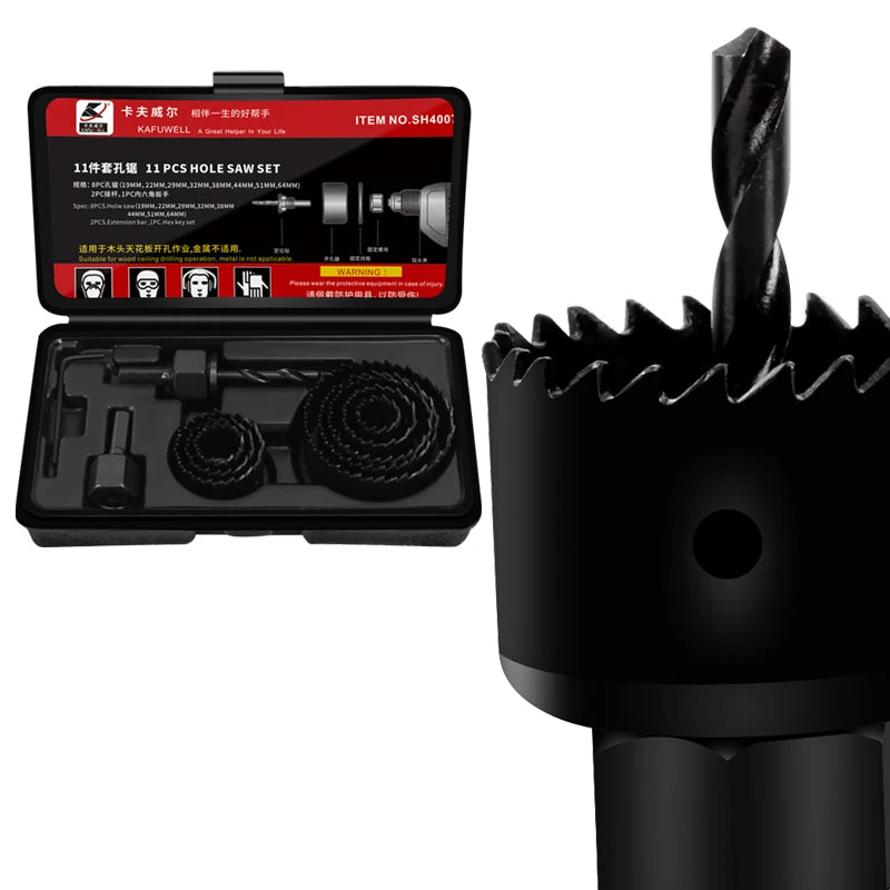 KAFUWELL SH4007 11 Piece Carbon Steel Metal Alloys Wood Hole Saw Cutting Set Hand Tools for Efficient Woodwork