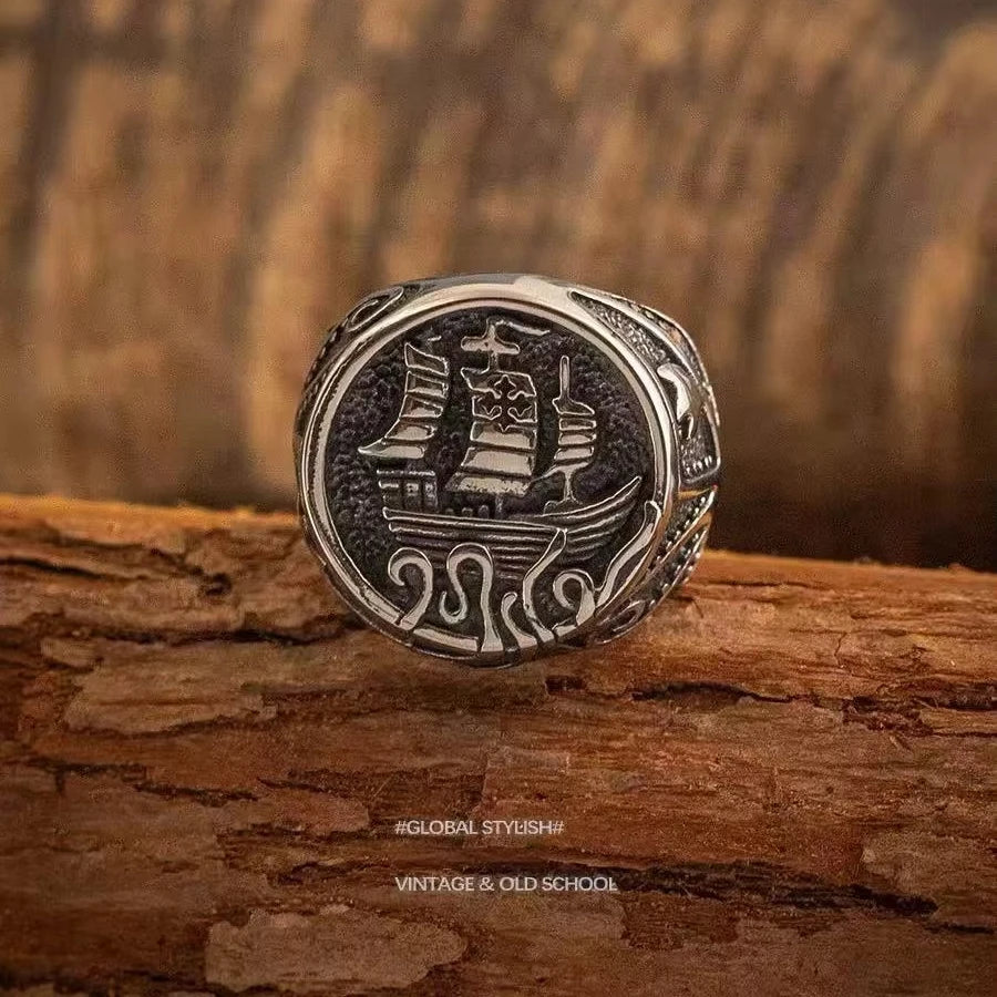 Charm Man Ring Silver Stainless Steel Jewelry Vintage Engraved Ring for Men