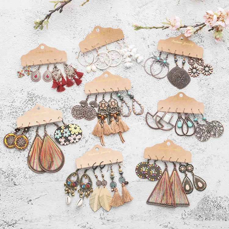 2025 Fashion Perfect Vintage Dangle Drop Bundles Sundry Ethnic Boho Tassel Crystal Earrings Sets Jewelry Accessories for Women