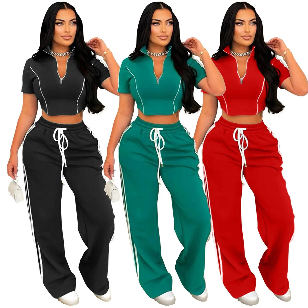 Y901481 Custom Tracksuits for Women Short Sleeve Zipper Top and Loose Pants Set Jogging Suits Women Sports Outfits for Women