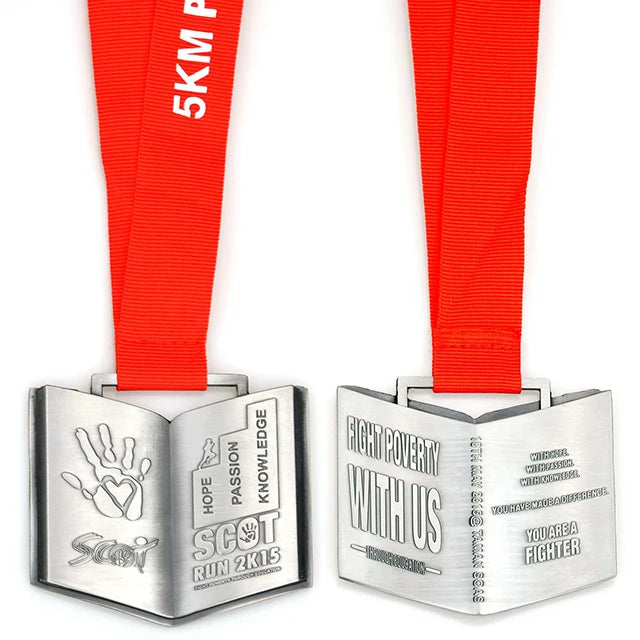 Hope Passion Knowledge Souvenir Medal Fight Poverty Book Shape 3D Metal Silver Medal Custom Cheap 5K Run Medals and Ribbons