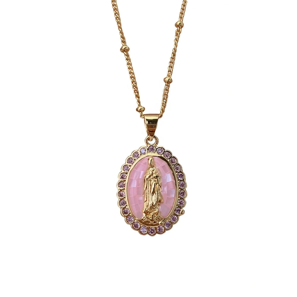Wholesale Religious Virgin Necklace Female Pink Shell Zircon Oval Pendant for Women 2021 Jewelry