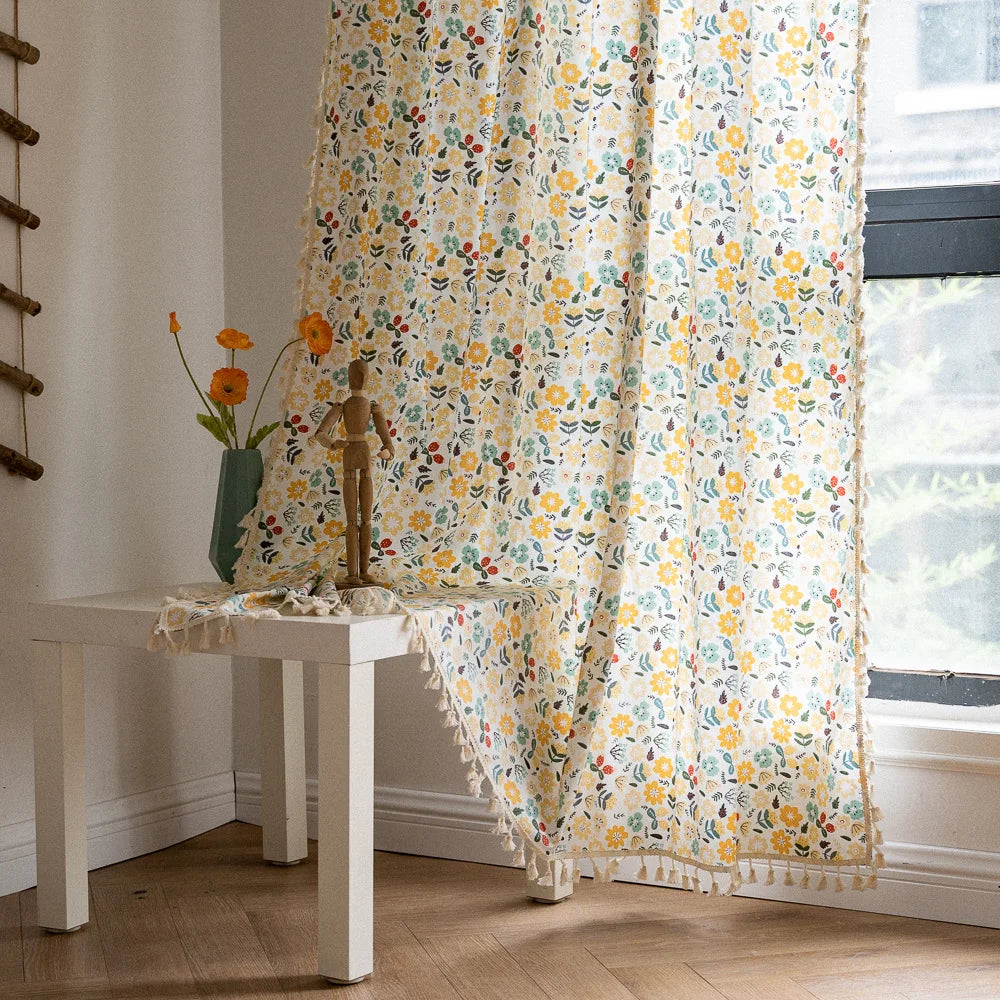 XinLan American Style Floral Yellow Printing Curtain Living Room Bedroom Hotel Window Printing Curtain