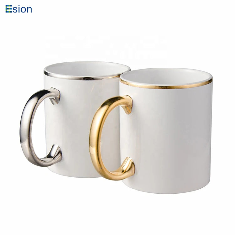 Custom 12 oz White Electroplated Gold Rim Blank Sublimation Mugs Promotional Mug Gift Ceramic Coffee Mug with Handle