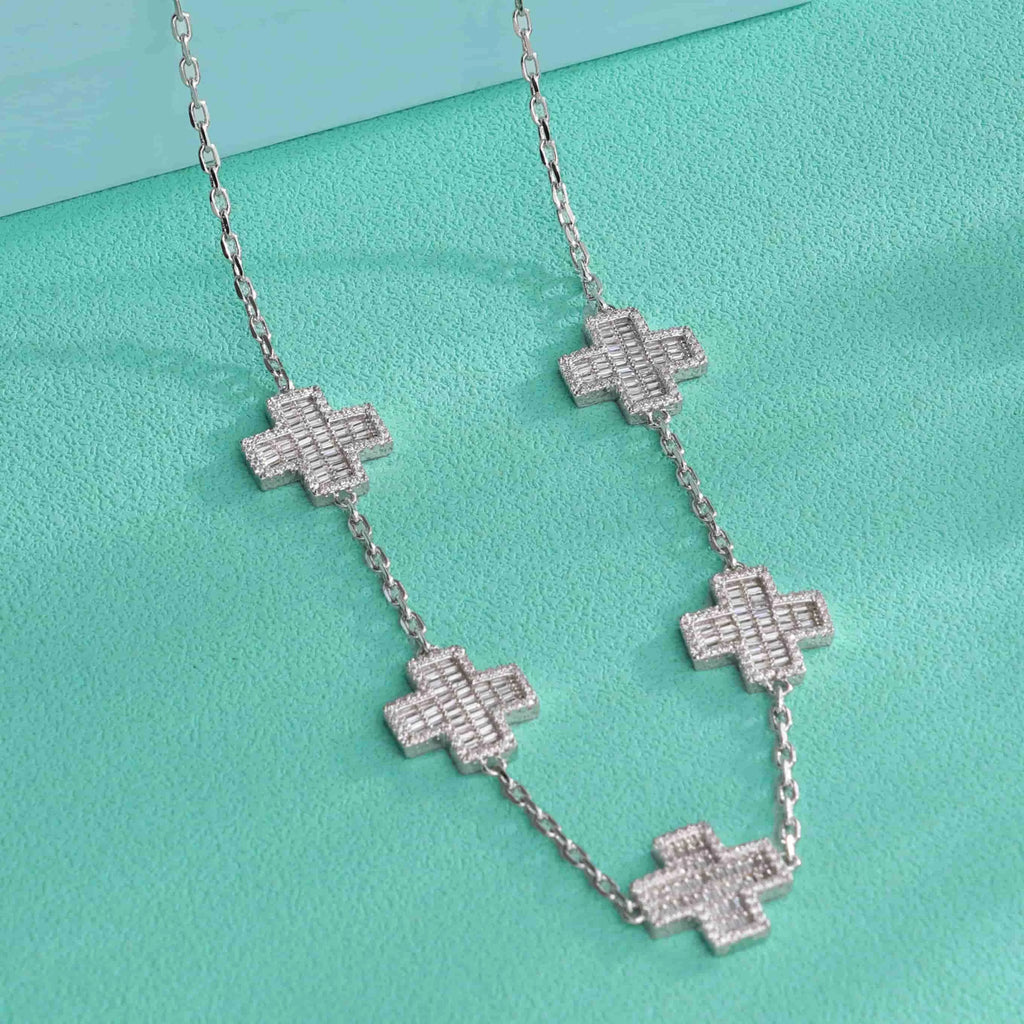 Adjustable Women's Cross Charm Necklace Baguette Diamond Cross Shape Link Chain Cute Hip Hop Style Zircon Main Stone for Gift