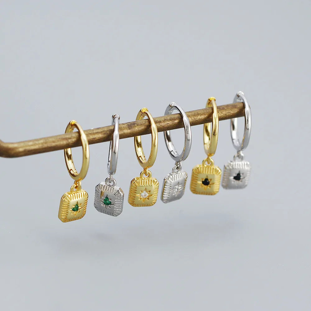 Custom Gold Plated Jewelry Earrings 925 Sterling Silver Square Pendant Star Charms Hoop Earrings