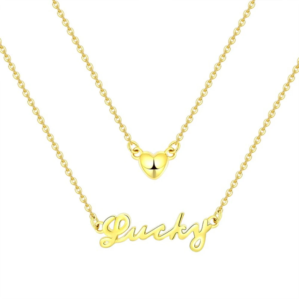 925 Sterling Silver Lucky Heart Pendant Necklace Gold Plating Inspirational Jewelry Heart Double Layer Necklace for Women