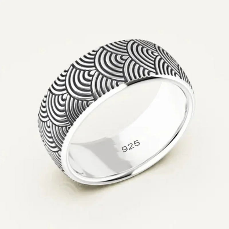 BOCAI Retro Luck Fish Scale Wave Pattern Ring 100% S925 Sterling Silver Beautiful Fashion Jewelry for Men Women for Parties