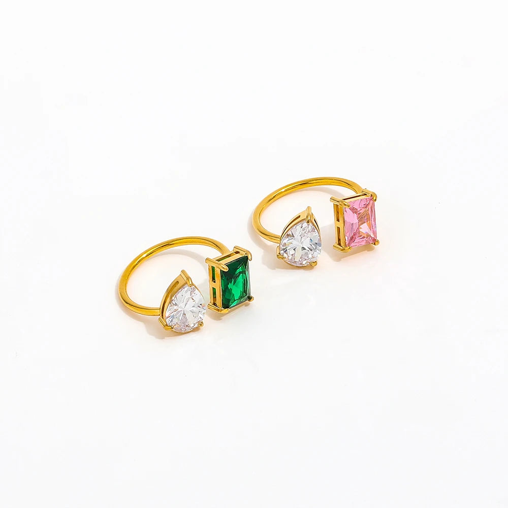 Stone Not Fall 18K PVD Gold Clear Pink Green Big Cubic CZ Adjustable Stainless Steel Open Ring Fashion Jewelry