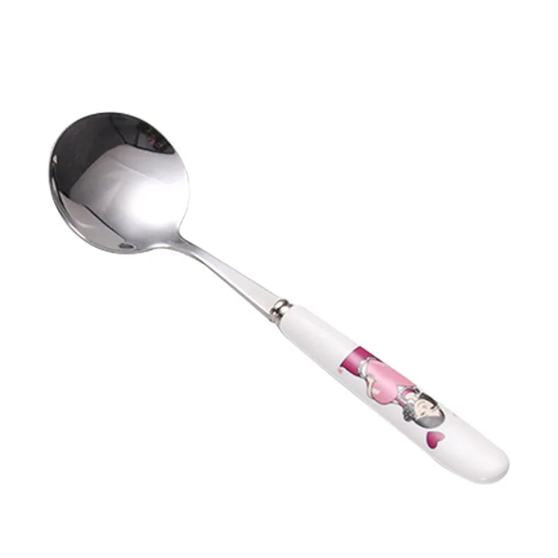 Factory Supply Disposable Children's Tableware Set-Stainless Steel with Porcelain Handle Soup Spoon for Families of Four