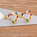 QIKU Bohemia Heart Shape Rainbow Rhinestone Hollow Stud Earrings Gold Plated Copper Charm Wedding Engagement Party Jewelry Gift
