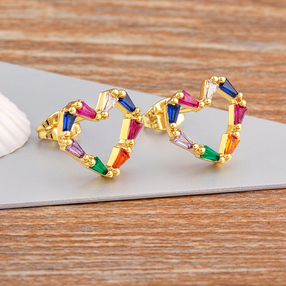 QIKU Bohemia Heart Shape Rainbow Rhinestone Hollow Stud Earrings Gold Plated Copper Charm Wedding Engagement Party Jewelry Gift