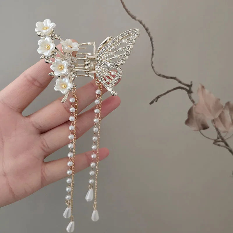 Pearl Tassel Butterfly Hair Claw Vintage Long Pendant Hair Clips Crab Barrette Headband Hairpin Elegant Hair Accessories