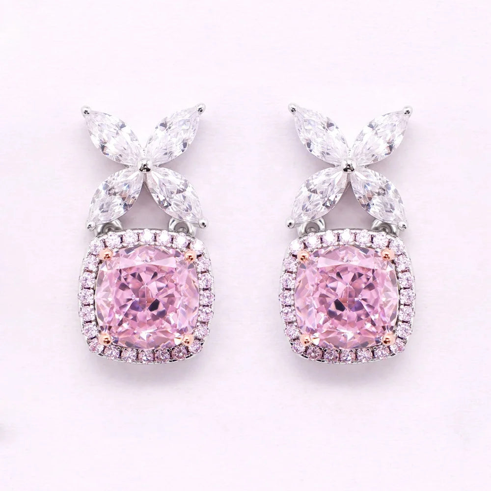 High Quality 925 Silver Drop Earrings for Women Light Luxury Style Pink Square Cushion Ice Cut Zircon for Wedding Party Gift