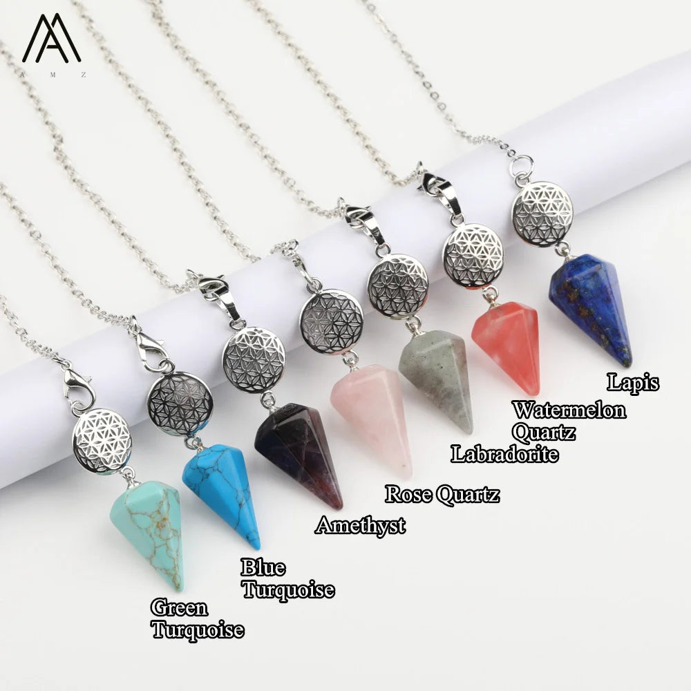 Natural Gemstone Pendulum Point Pendant  Amethyst Rose Quartz Lapis Labradorite Silver Chain Charms
