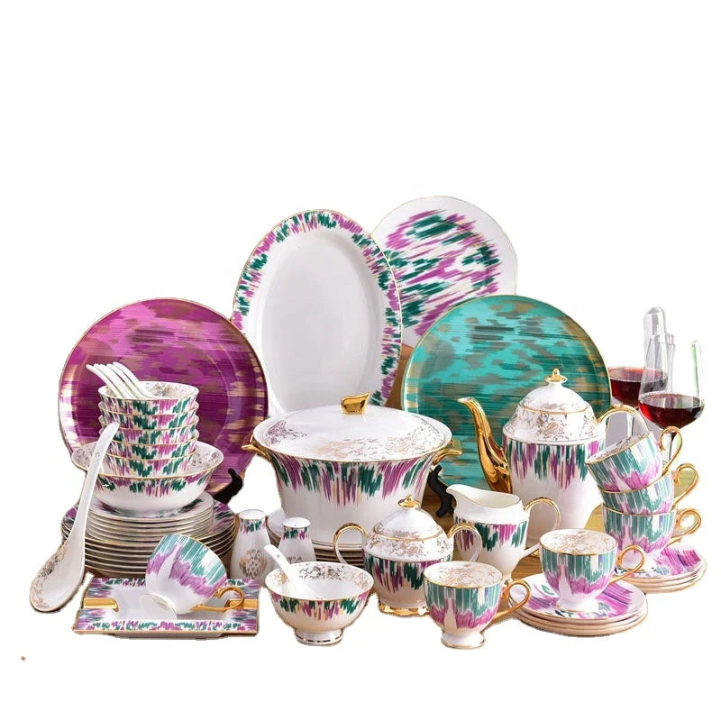 Good Selling 58 Pcs Nordic Royal  Glaze Multi-Colored Stripe Bone China Dinnerware Sets