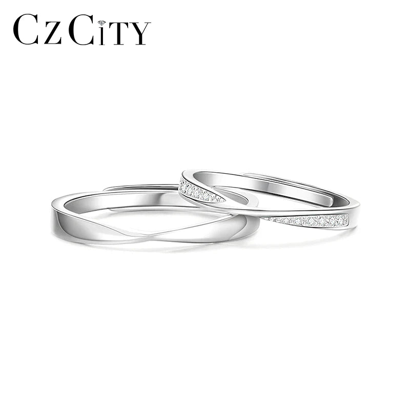 CZCITY Silver 925 Jewelry Adjustable Geometric Pure S999 Sterling Silver Pair Eternity Promise Couple Wedding Ring Set