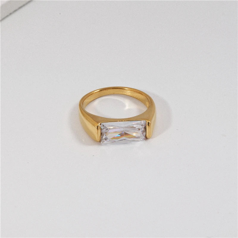 Tarnish Free PVD Gold Plated Clear Diamond Stone Stainless Steel Rings Trendy Jewelry Wholesale