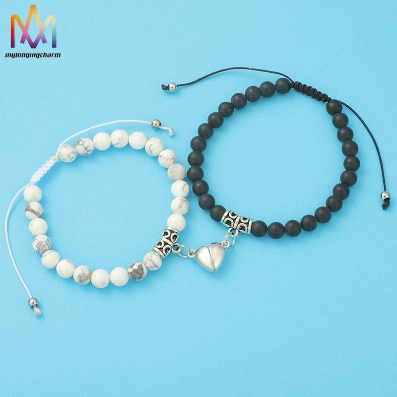 2 Pcs/Set Magnetic Heart Bracelet Turquoise Agate Natural Stone Beads Bracelet for Men Women Couple Lovers