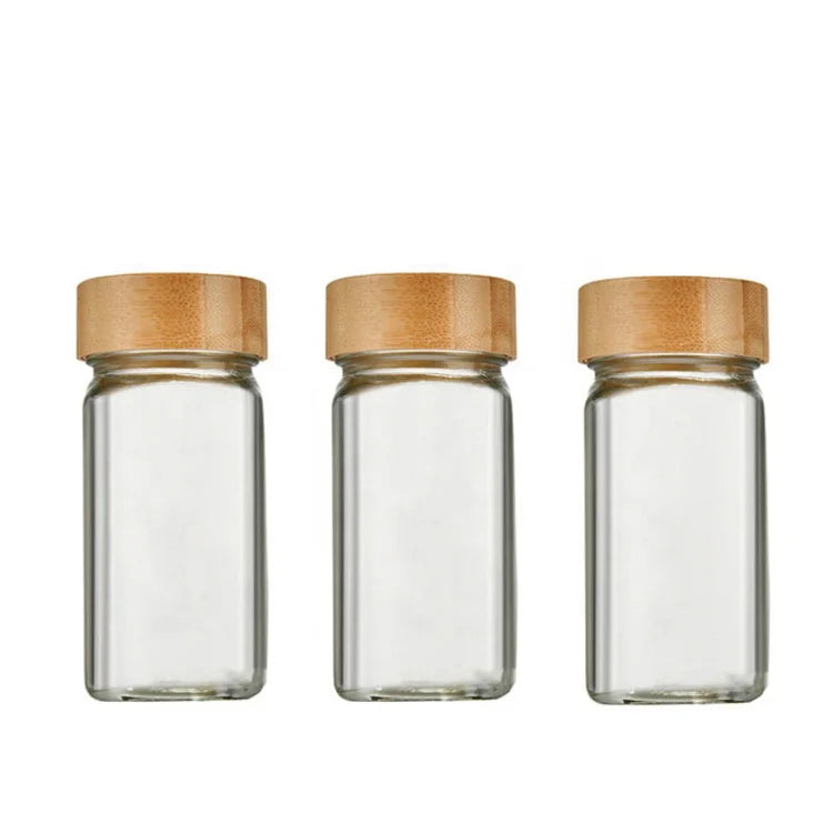 120ml Round Square Glass Jars for Spices Shaker with Bamboo Wooden Cap