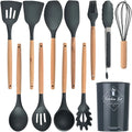 Heat Resistant Kitchen Accessories Cooking Utensil Kitchenware Non Stick Food Grade Wooden Handle Spatula Silicone Spoon Set