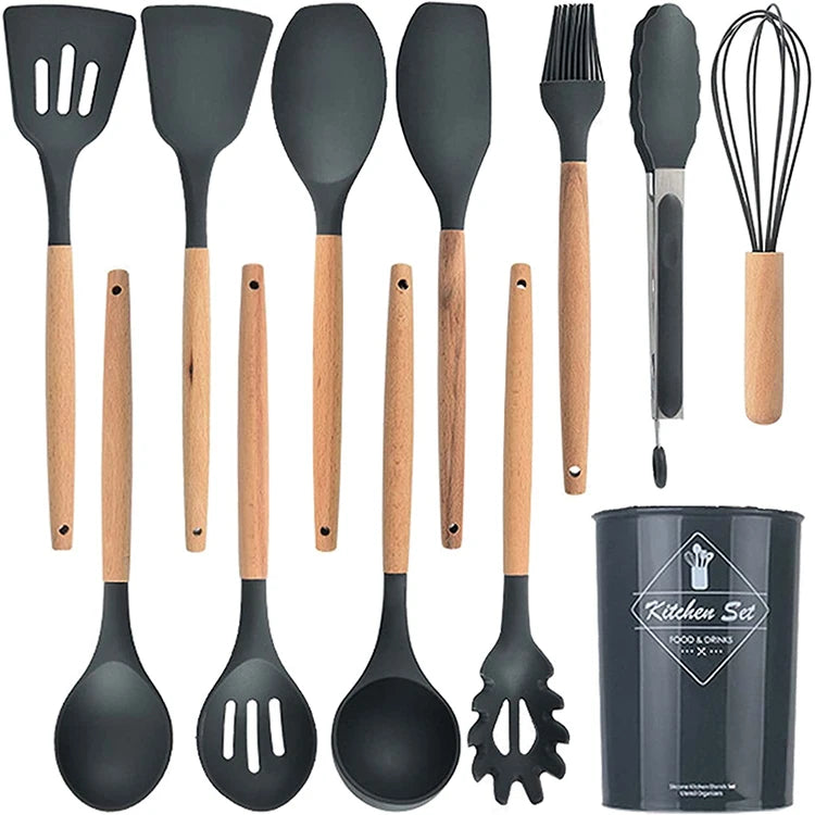 Heat Resistant Kitchen Accessories Cooking Utensil Kitchenware Non Stick Food Grade Wooden Handle Spatula Silicone Spoon Set
