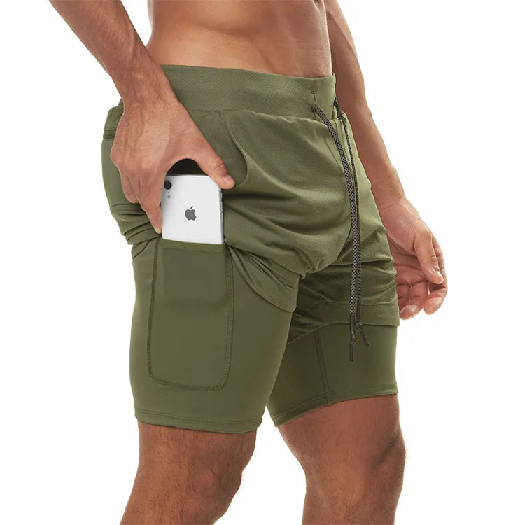 Men's 2 in 1 Running Shorts With Zipper Phone Pockets Workout Training Yoga Gym Sport Short Pants