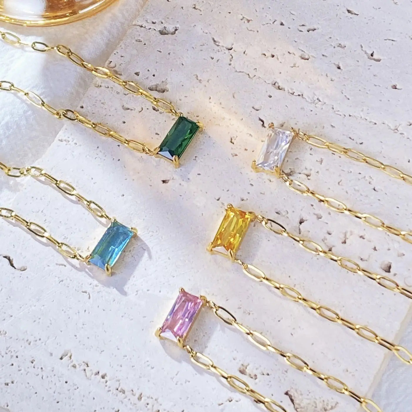 French Style Chic Stainless Steel 18K Gold Plated Square Sugar Cubes Baguette Zircon Pendant Necklace