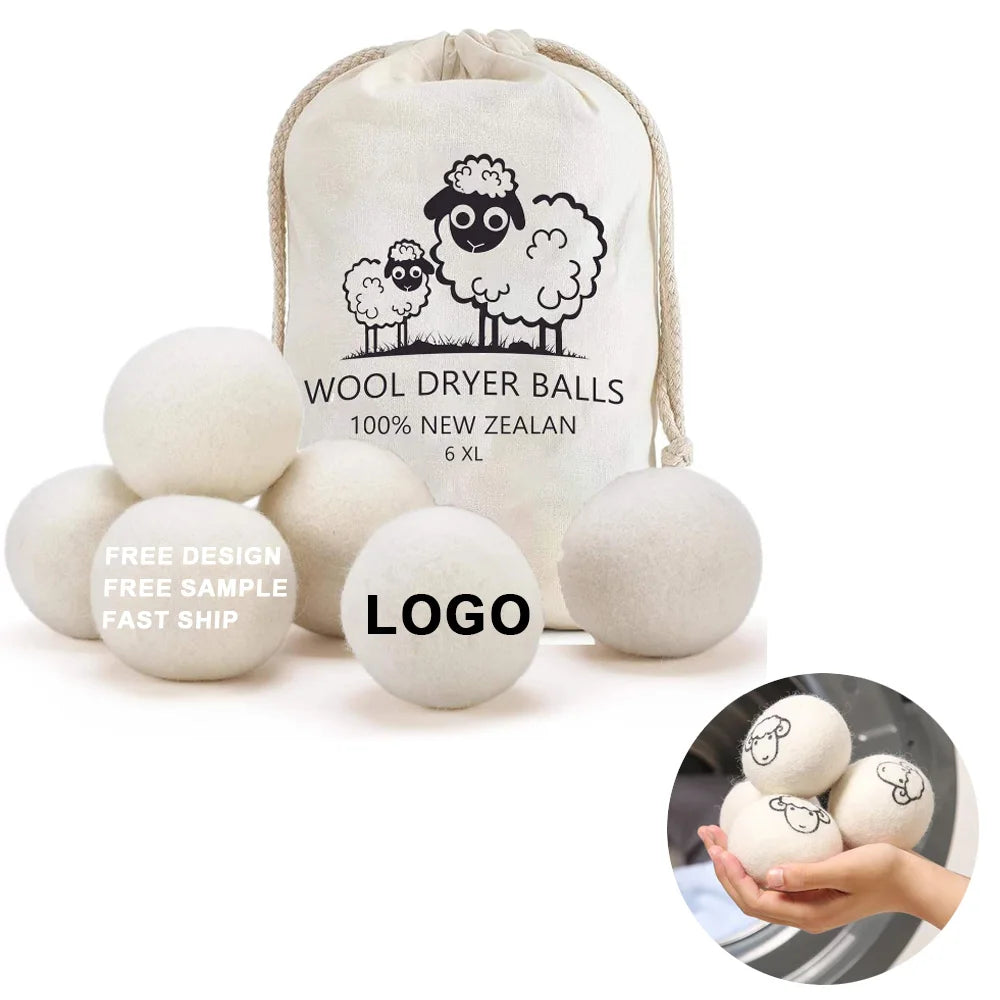 Custom Logo Wool Ball Reusable Laundry Wool Dryer Ball Eco-Friendly Organic 7cm 6 Pack 100% Natural New Zealand Wool Balls Set