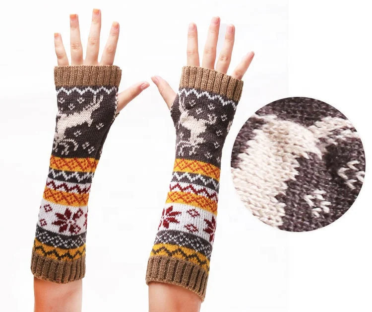 Long Arm Warmers Reindeer Knit Warm Winter Sleeve Snowflake Fingerless Gloves for Women Christmas Girls Ladies