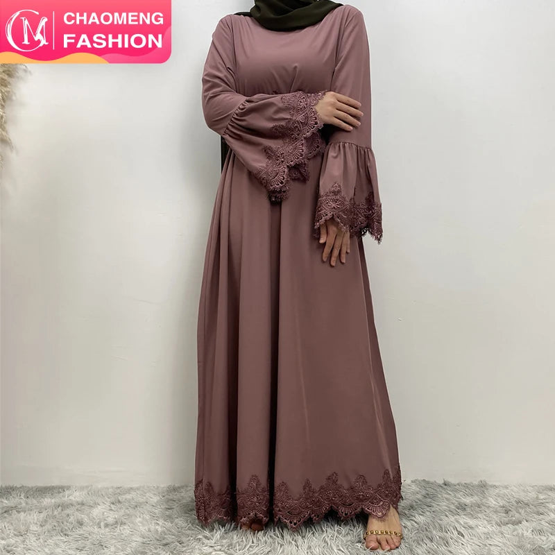 16001# Purple Floral Lace Closed Abaya Long Sleeve Modesty Women A-line Fashion Dresses for Eid 2 Colors
