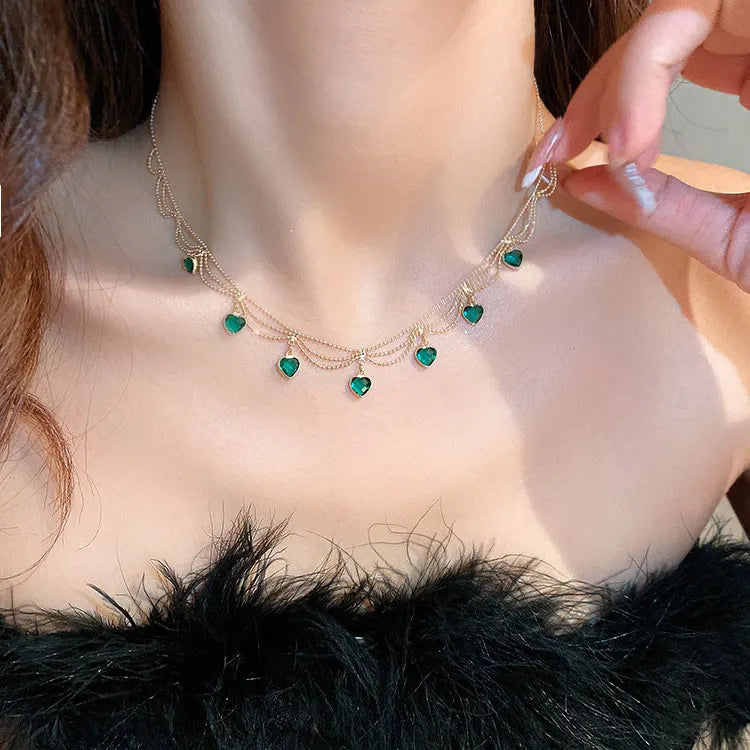 Fashion Real Gold Plated Multilayer Wave Beads Clavicle Necklace Women Luxury Red Green Zircon Crystal Heart Tassel Necklace